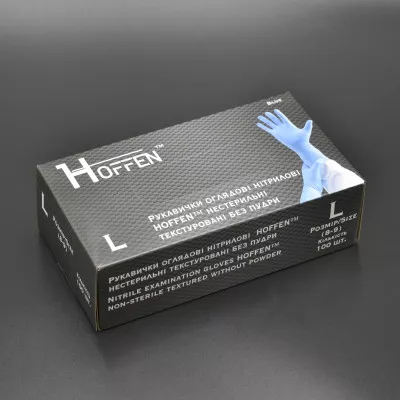 Рукавички нітрилові HOFFEN 3,2 г / сині / без пудри / не стерильні / розмір-L / 50 пар Рукавички нітрилові HOFFEN 3,2 г / сині / без пудри / не стерильні / розмір-L / 50 пар