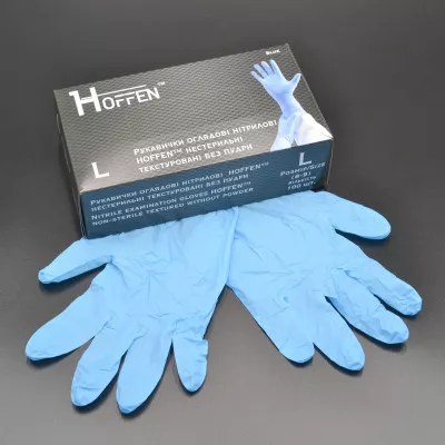 Рукавички нітрилові HOFFEN 3,2 г / сині / без пудри / не стерильні / розмір-L / 50 пар Рукавички нітрилові HOFFEN 3,2 г / сині / без пудри / не стерильні / розмір-L / 50 пар