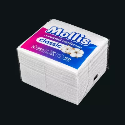 Салфетка Mollis / 24*24 см / 1-слойная / белая / 100 шт Салфетка Mollis / 24*24 см / 1-слойная / белая / 100 шт