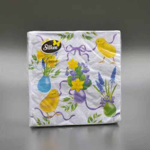Салфетка Пасхальная Silken / 33*33 см / 3-слойная / Цыплята с лентами / 18 шт