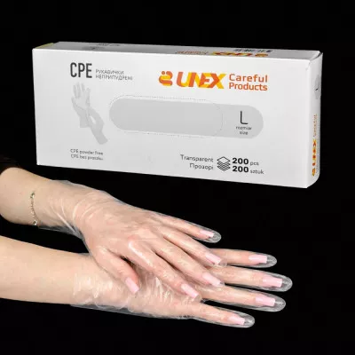 Перчатки одноразовые CPE UNEX / не припудренные / не стерильные / прозрачные / размер-L / 200 шт Перчатки одноразовые CPE UNEX / не припудренные / не стерильные / прозрачные / размер-L / 200 шт