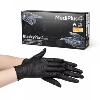 Перчатки нитриловые MediPlus BlackyPlus Light 3.5 г / черные / без пудры / не стерильные / размер-XL / 100 шт Перчатки нитриловые MediPlus BlackyPlus Light 3.5 г / черные / без пудры / не стерильные / размер-XL / 100 шт