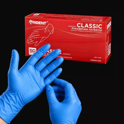 Рукавички латексні TRIDENT CLASSIC / сині / без пудри / нестерильні / розмір-M / 25 пар Рукавички латексні TRIDENT CLASSIC / сині / без пудри / нестерильні / розмір-M / 25 пар
